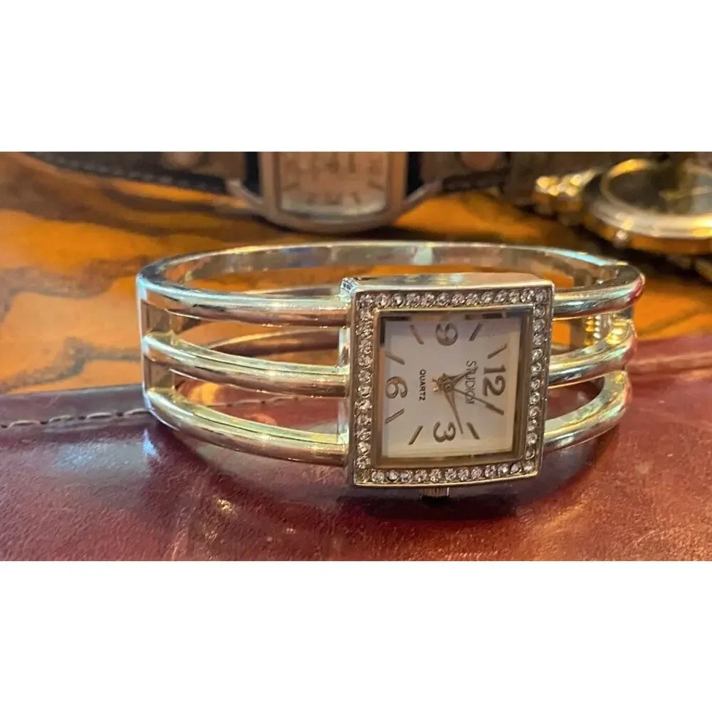 Woman's Studio Time Bangle Bracelet Watch, Gold Tone, Rhinestone Bezel